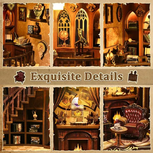Miniatura 8 de Kit de rincón de libros, casa en miniatura de madera 3D Biblioteca de rimas antiguas para decoración de estanterías, manualidades relajantes