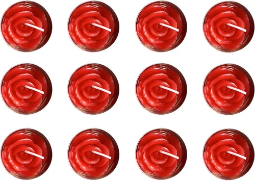 Velas de té de rosa, 12 piezas hechas a mano delicadas velas de flores con 100 pétalos de rosa de seda, mini discos de vela para bodas, Rojo