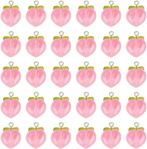 OLYCRAFT 30 colgantes de durazno de resina transparente, colgante de fruta, dije de melocotón rosa con lazo 3D melocotones colgante colgante para