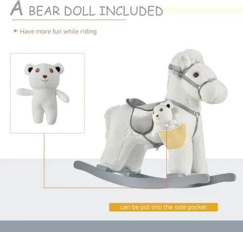 Miniatura 6 de Qaba Caballo Mecedor Montable de Peluche para Niños con Juguete de Oso, Silla para Niños con Juguete de Peluche Suave y Divertidos Sonidos Blanco
