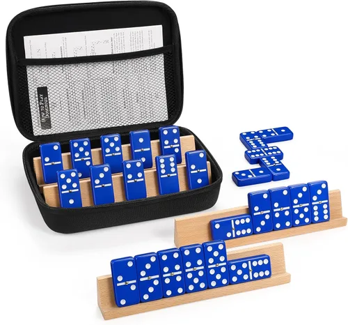 Juego de dominós jumbo para adultos con 4 estantes/bandejas de madera, juego de dominós doble 6 de viaje con estuche portátil, juego de dominós Azul