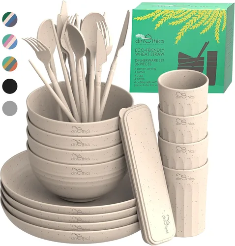 Miniatura 10 de Juego de vajilla de paja de trigo para 4 – Juego de platos de campamento, tazas y cuencos, platos aptos para lavavajillas y microondas, alternativo
