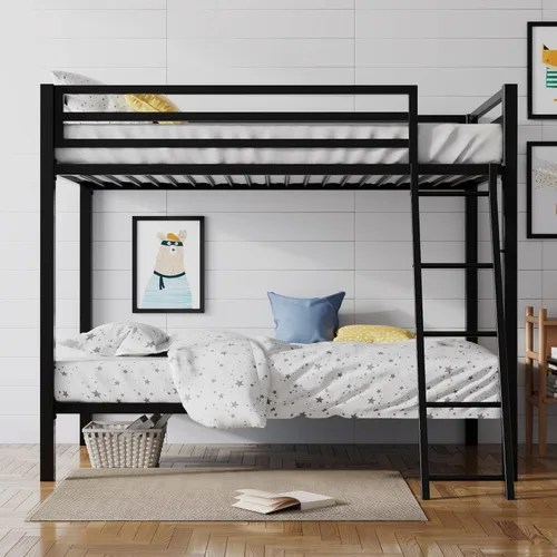 Miniatura 3 de SHA CERLIN Cama Litera Loft Tamaño Individual sobre Individual con Escalera y Barandilla, Soporte de Listones de Metal Resistente Sin Necesidad