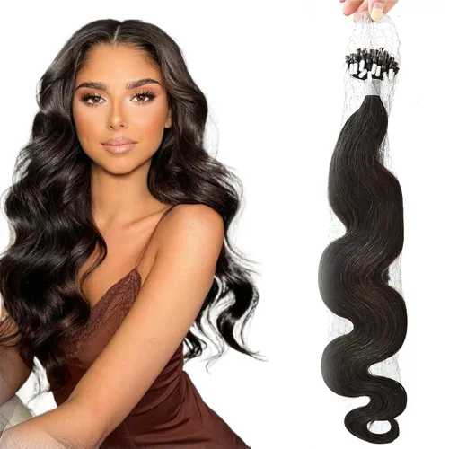 Miniatura 28 de Extensiones de cabello humano microlink de 16 pulgadas, extensiones de cabello natural suave de microcuentas, color #1 negro azabache, 100% cabello