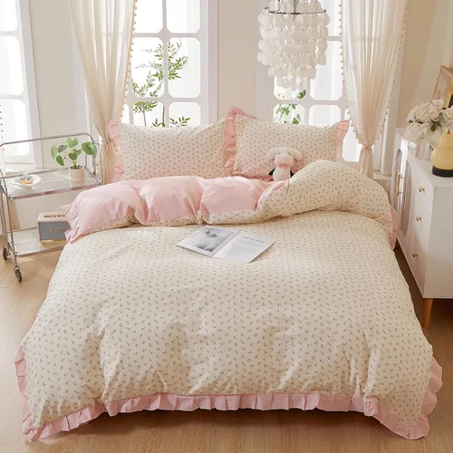 Miniatura 2 de HighBuy Juego de funda de edredón vintage con volantes y estampado de rayas francesas, 100% algodón con cierre de cremallera, juego de ropa de cama