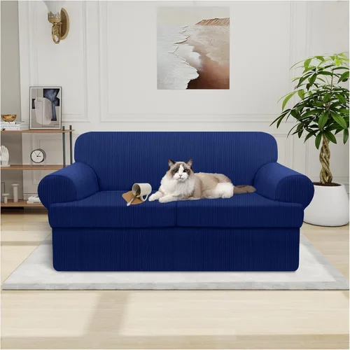 Miniatura 17 de Funda impermeable para silla con brazos, juego de 2 piezas, funda a rayas para 1 sofá separado con cojín en T, fundas de sillón de tela