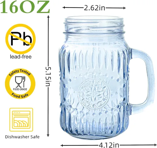 Miniatura 2 de SUT Mason Jar - Vasos para beber con asa, paquete de 6, 16 onzas, tazas de tarro azul en relieve vintage para café helado, jugo, té y cerveza