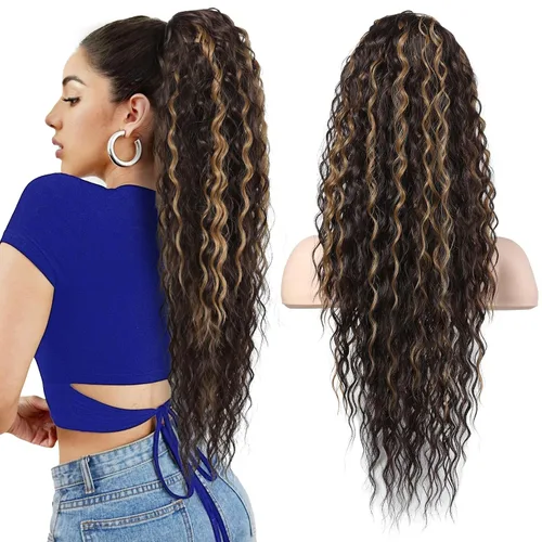 Miniatura 25 de Flufymooz Extensión de cola de caballo, 26 pulgadas, estilo bohemio, con cordón, extensiones de cabello para mujer, cola de caballo larga, rizada