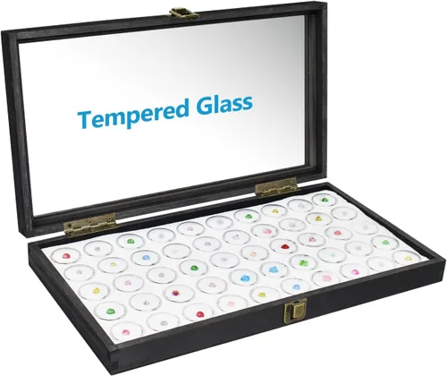 Miniatura 3 de MOOCA Caja de exhibición de joyería negra con tapa de cristal, 50 frascos de gemas, caja de anillos, organizador de joyas, almacenamiento de tarros