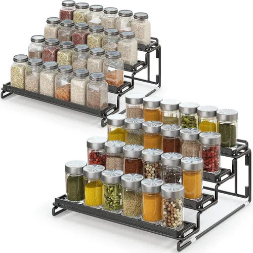 Organizador de especias de 4 niveles para gabinete, color negro (paquete de 2), estante para especias con barandilla de protección para armarios