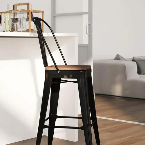 Miniatura 4 de Merrick Lane Amsterdam Taburete de bar – Silla de bar de metal negro antiguo con asiento de madera – Taburete de cocina con respaldo curvado