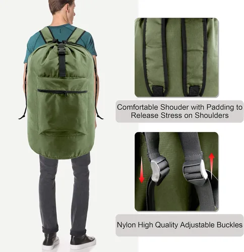 Miniatura 4 de BeeGreen Mochila de lavandería verde musgo para viaje, bolsa de lavandería con correas de hombro ajustables y cierre de cordón, XL bolsa