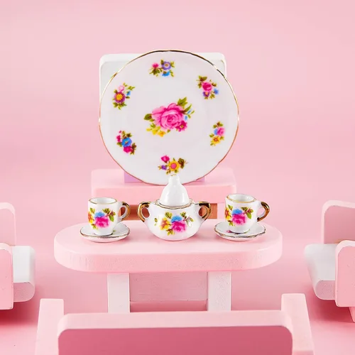 Miniatura 5 de Skylety Juego de tazas de té para casa de muñecas 1:12, accesorios de porcelana en miniatura, 8 piezas de porcelana en miniatura, diseño de flores