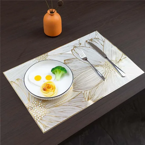 Miniatura 5 de Juego de 6 manteles individuales cuadrados dorados para mesa de comedor, de vinilo prensado, manteles individuales metálicos lavables y lavables