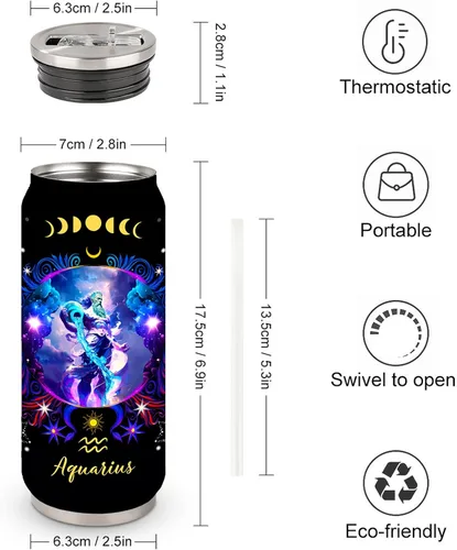 Miniatura 3 de Aquarius - Vaso de acero inoxidable del zodiaco para hombres y mujeres, regalo de cumpleaños para fanáticos de la astrología con tapa con pajilla