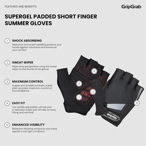 Miniatura 2 de GripGrab SuperGel - Guantes acolchados de medio dedo para ciclismo de verano, guantes de ciclismo para hombres, guantes de ciclismo sin dedos