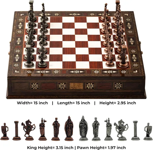Miniatura 3 de Juego de ajedrez de madera de lujo con piezas metálicas del ejército británico, tablero de ajedrez de nogal hecho a mano con almacenamiento, regalo