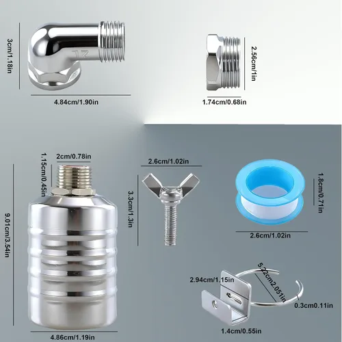 Miniatura 3 de Paquete de 2 válvulas de flotador de agua, control automático de nivel de acero inoxidable con conexiones de 1/2 y 3/4 pulgadas para peceras