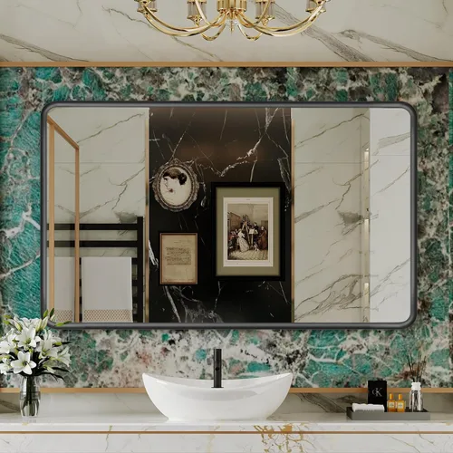 Espejos con marco negro para baño, espejo rectangular de 55 x 30 pulgadas con esquinas redondeadas para pared, espejo de tocador negro mate con