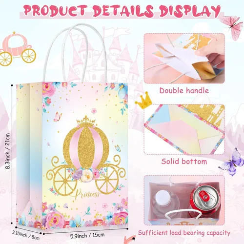Miniatura 3 de Sepamoon 24 bolsas de recuerdos de fiesta con temática de princesa príncipe, corona, castillo, con asas, incluye 3 estilos de bolsas de dulces