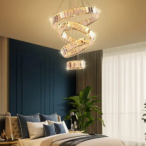 Miniatura 4 de Candelabro LED de 4 anillos para comedor, moderna lámpara de cristal colgante, lámparas de techo alto para dormitorio, sala de estar, comedor