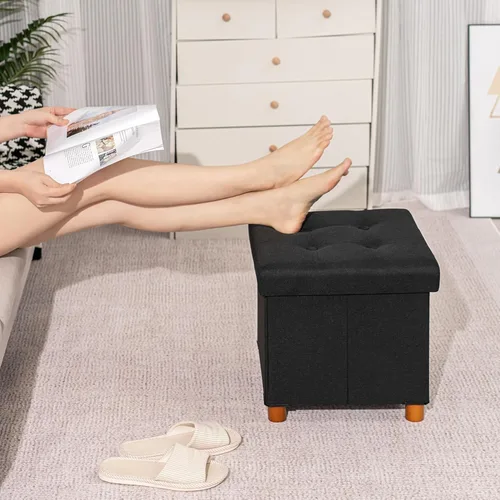 Miniatura 6 de B FSOBEIIALEO Otomana de almacenamiento con bandeja, taburetes de pies y otomanas con patas, cubo de almacenamiento, asiento de lino negro de 15