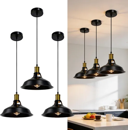Miniatura 10 de Paquete de 1 lámpara colgante, lámpara colgante industrial con pantalla de metal, iluminación colgante de granja para isla de cocina, pasillo