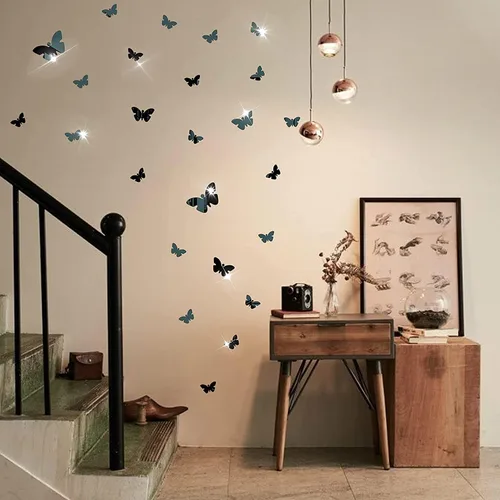 Miniatura 3 de Decoración de pared de espejo de mariposa, 50 calcomanías de pared de mariposa de espejo acrílico 3D extraíbles, calcomanías de pared autoadhesivas