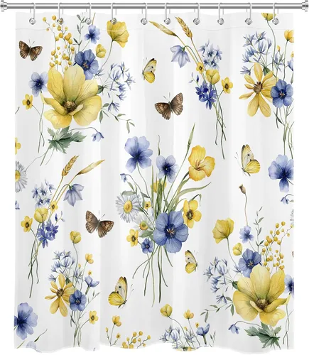 Miniatura 2 de HVEST Cortina de ducha floral de granja con ganchos, flor azul y amarilla y mariposa sobre blanco, cortina de ducha para baño, juego de cortinas