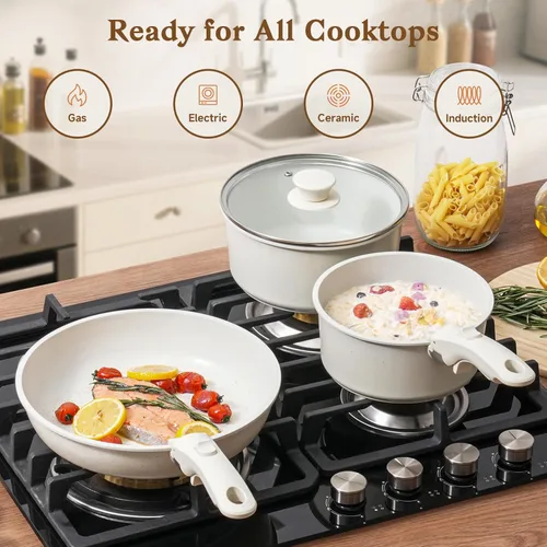 Miniatura 4 de SODAY Juego de 15 piezas de ollas y sartenes antiadherentes, juegos de utensilios de cocina con mango desmontable, herramientas de cocina RV Blanco