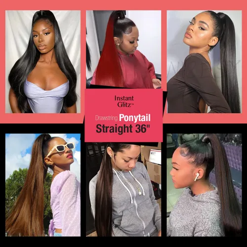 Miniatura 6 de GLAM21USA Extensión de cola de caballo recta de 36 pulgadas de largo con cordón para mujeres negras, extensión de cabello natural con clip, pieza