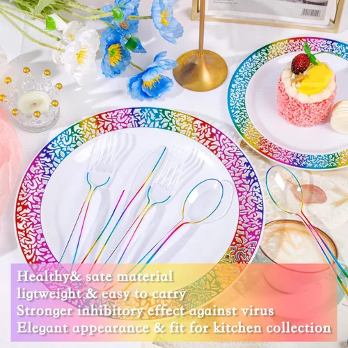 Miniatura 5 de Supernal 120 PCS Cubiertos de Plástico Transparente Resistentes – Utensilios Desechables Juego de Cubiertos Coloridos Arcoíris Incluye 40 Tenedores