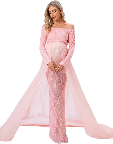Miniatura 3 de ZIUMUDY Vestido de maternidad para sesión de fotos de manga larga con hombros descubiertos, vestido de encaje ajustado con capa larga de gasa trian