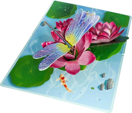 CUTE POPUP Tarjeta desplegable 3D para mujer, libélula y loto, hecha a mano, tarjeta de felicitación de cumpleaños, día de la madre, pensando en ti,