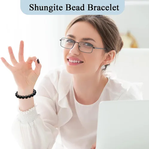 Miniatura 5 de Hicarer 2 pulseras de shungita negras con cuentas de shungita, piedras elásticas de cristal, joyería energética, poderoso defensor espiritual