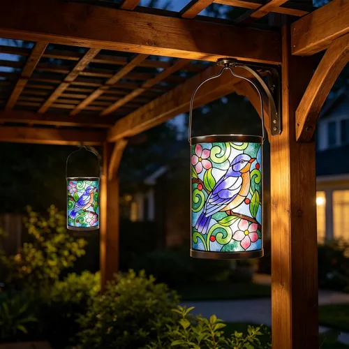 Miniatura 2 de Farol solar para exteriores, impermeable, colgante, luces solares de cristal de pájaro azul, faroles decorativos para exteriores, patio, césped