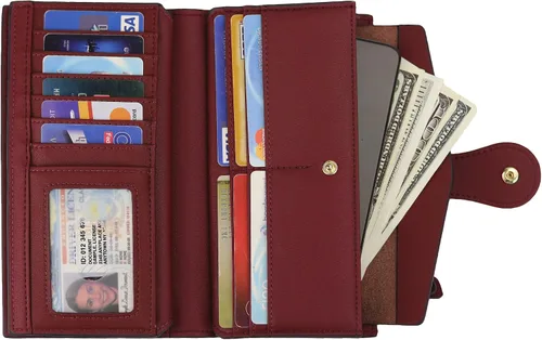 Miniatura 2 de Travelambo Cartera de mano de cuero genuino encerado de gran capacidad para mujer con bloqueo RFID