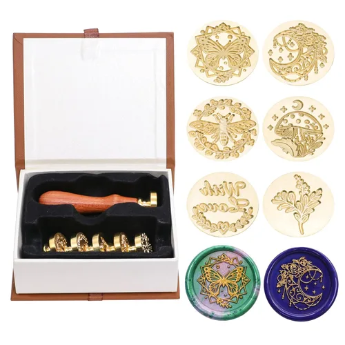 Miniatura 13 de SWANGSA Juego de sellos de cera, 6 cabezales de sello de sellado de la serie Moon vintage y 1 kit de sello de cera con mango de madera