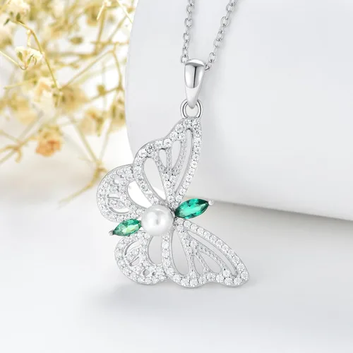 Miniatura 5 de Zoeniya Collares de mariposa para mujeres y niñas, joyería de plata de ley, collar de perlas cultivadas de agua dulce con circonita cúbica, regalo