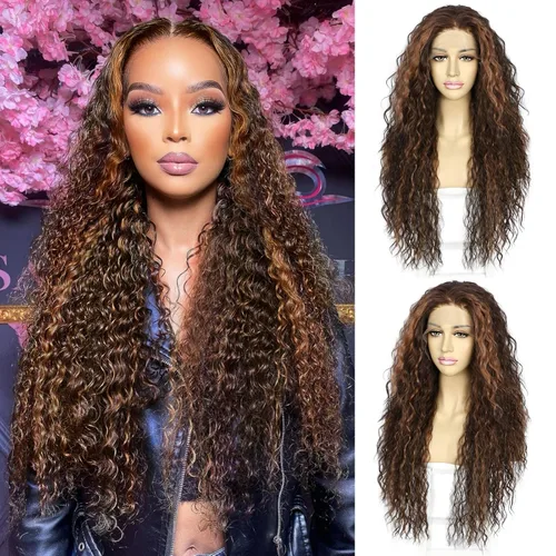 Miniatura 15 de SAPPHIREWIGS Pelucas de encaje frontal color marrón, sin pegamento, onda de agua, de encaje frontal sintético, para mujeres afrodescendientes