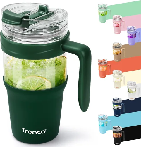 Miniatura 30 de Tronco Vaso de vidrio de 32 onzas con popote y tapa, tapa con popote 2 en 1 a prueba de fugas, botellas de agua de vidrio con asa, apto para Rosa