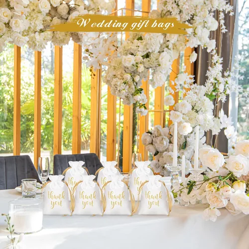 Miniatura 5 de Roowest 100 piezas de bolsas de regalo de satén con cordón para agradecimiento, bolsas de joyería y caramelos para boda, despedida de soltera, Blanco
