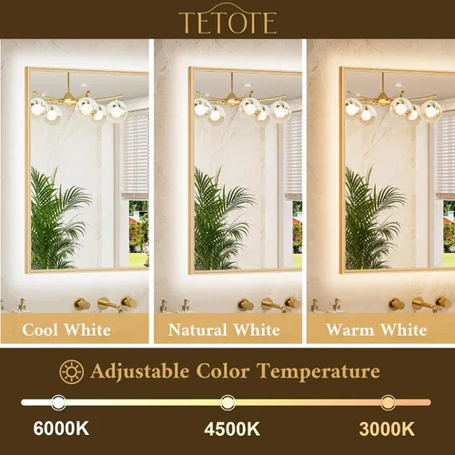 Miniatura 2 de TETOTE Espejo de baño retroiluminado de 30 x 36 pulgadas, marco de metal dorado cepillado, luz LED, 3 colores, blanco/cálido/natural, sin escalones