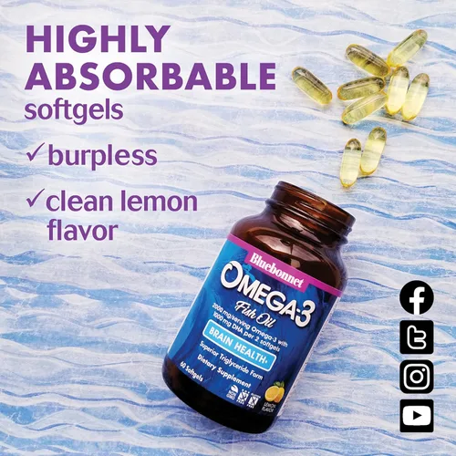 Miniatura 2 de BlueBonnet Nutrition Omega-3 Brain Formula Natural Wild Caught Triglicérido Forma DHA 1000 mg EPA 210 mg, suplemento de apoyo cognitivo altamente