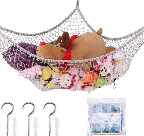Miniatura 8 de Hamaca de animales de peluche, red de almacenamiento de hamaca de juguete, soporte de red de malla para juguetes LXUNYI para esquina de pared
