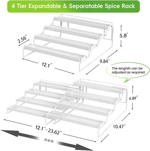 Miniatura 4 de Organizador de especias ajustable de 4 niveles para gabinete, color blanco (2 piezas S & L), estante de especias expandible con barandilla