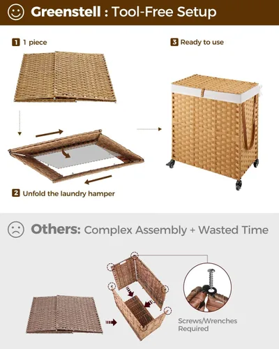 Miniatura 79 de GREENSTELL Cesta para ropa sucia con ruedas y tapa, 130 L, cesta grande de 3 secciones con 2 tipos de bolsas de forro extraíbles, 5 bolsas de malla