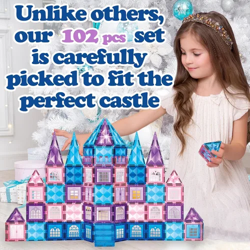 Miniatura 2 de Little Pi 102 piezas de bloques de construcción con azulejos magnéticos de castillo de princesa congelada - Bloques de diamante 3D, juguetes