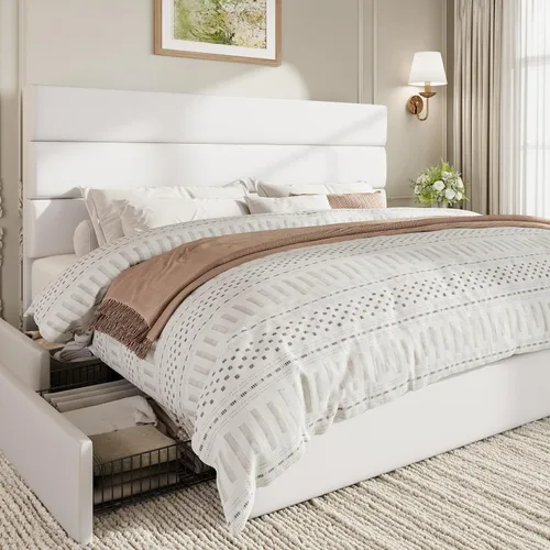Miniatura 11 de SHA CERLIN Base de cama de plataforma de tamaño matrimonial con 4 cajones de almacenamiento, cabecera tapizada de terciopelo, base de colchón