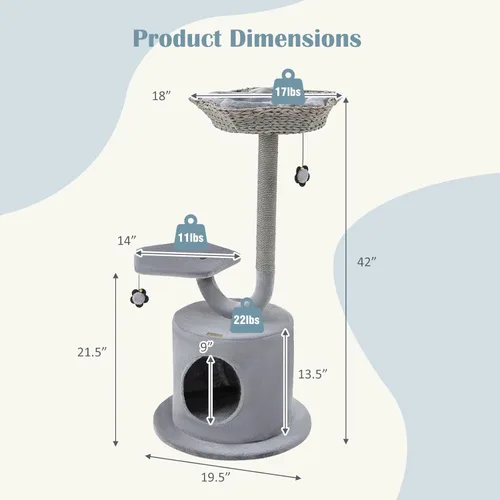 Miniatura 4 de Tangkula Árbol para gatos de interior, torre para gatos de 42 pulgadas con marco de soporte de metal curvado, postes rascadores de sisal, percha